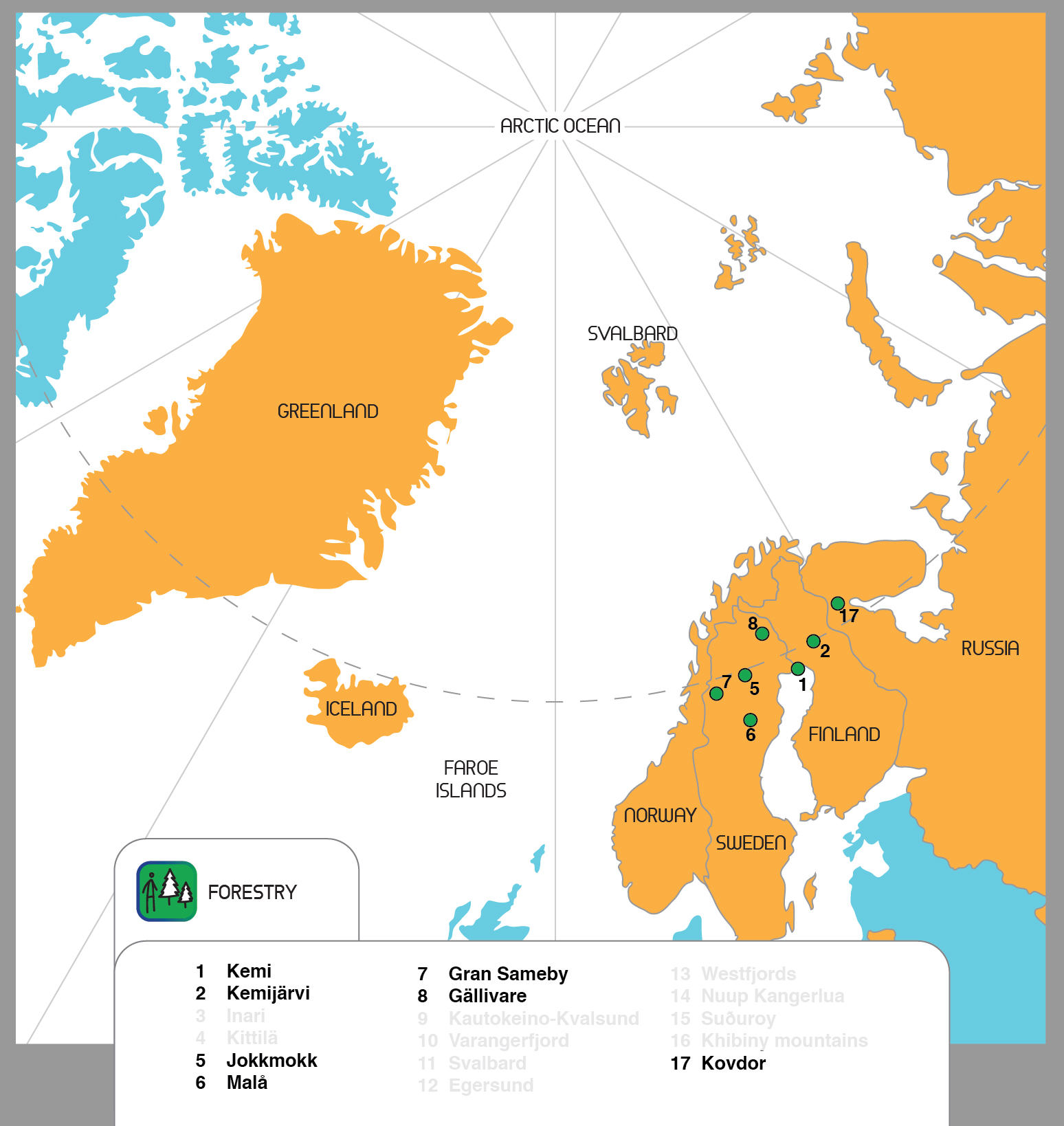 Forestry hubs on map