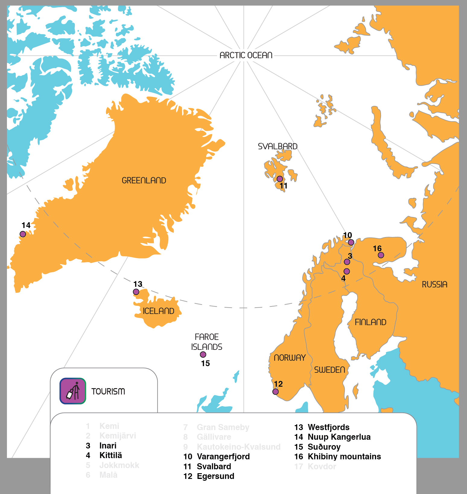 Tourism hubs on map